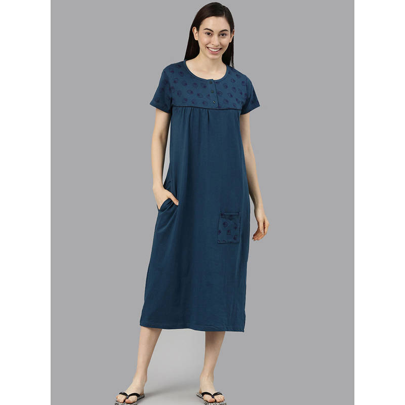 Kryptic Navy Blue Printed Nightdress for Women (S)