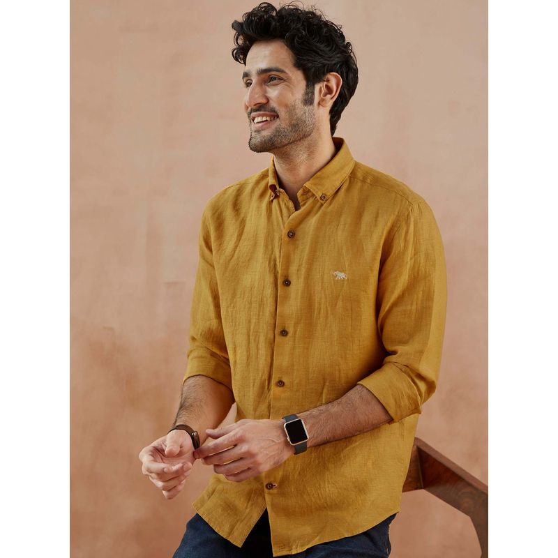Andamen Mustard Marigold Linen Regular Fit Casual Shirt (M)