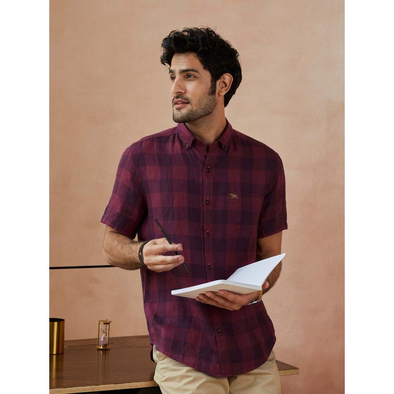 Andamen Purple Burgundy Grid Linen - Half Regular Fit Casual Shirt (S)