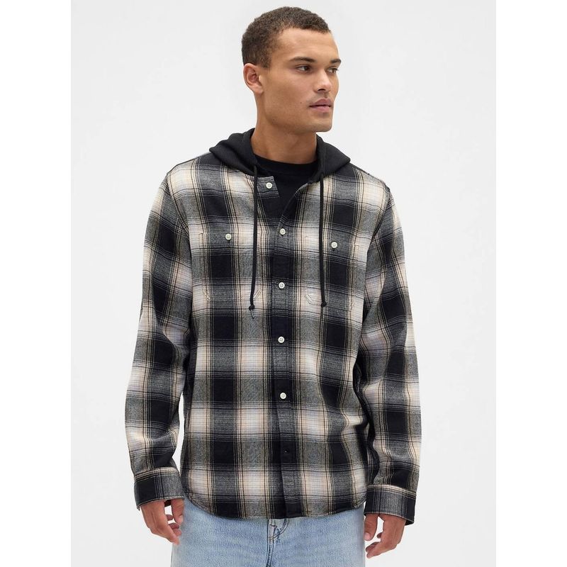 GAP Men Checks Hooded Neck Black Shirt (M)