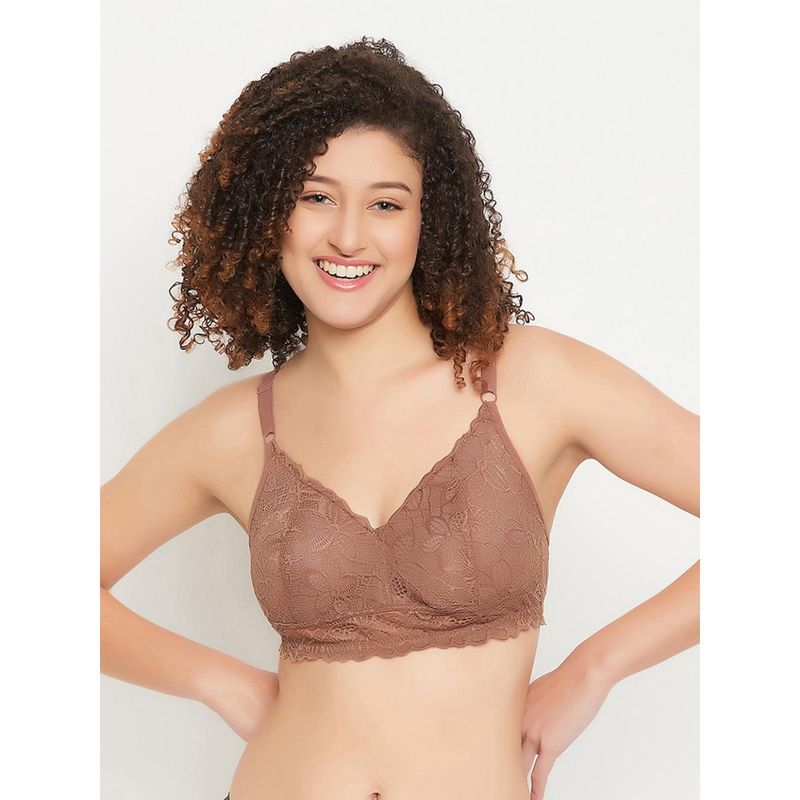 Clovia Lace Self Design Non-Padded Full Cup Wire Free Bralette Bra - Brown (32B)