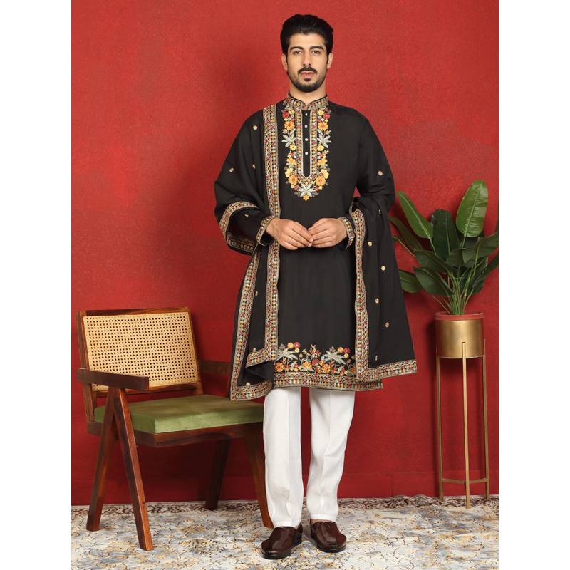 KRAFT INDIA LUXE Black Cotton Silk Floral Kurta With Pant & Dupatta (42)