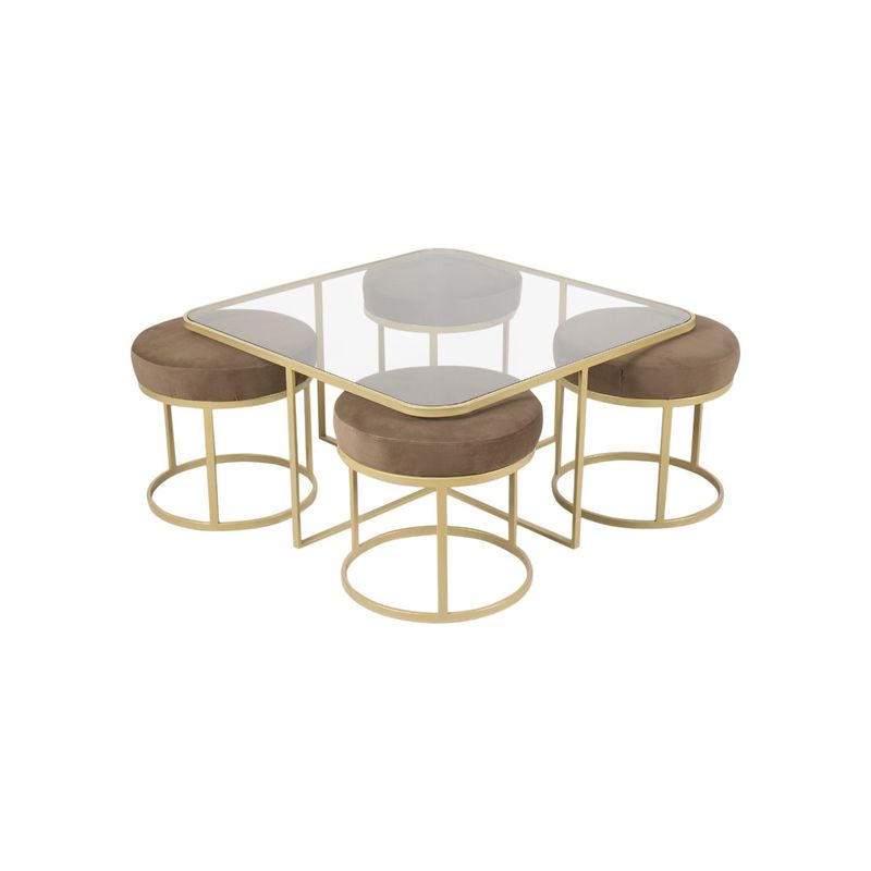 Buy Claymint Benton Nesting Clear Glass Coffee Table Set with 4 Stools In Gold Finish Online