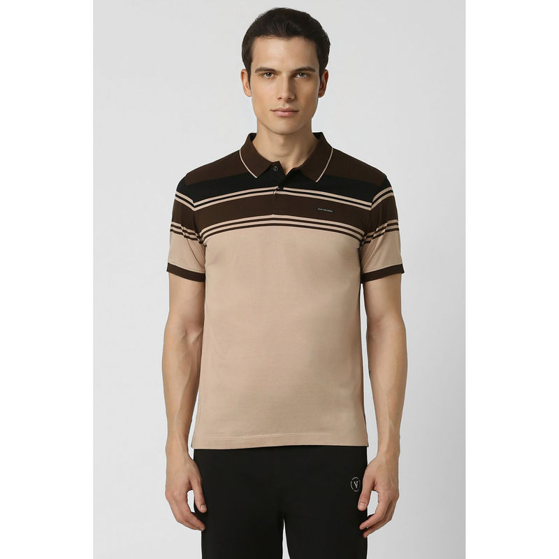 Van Heusen Men Brown Solid Polo Neck T-Shirt (M)