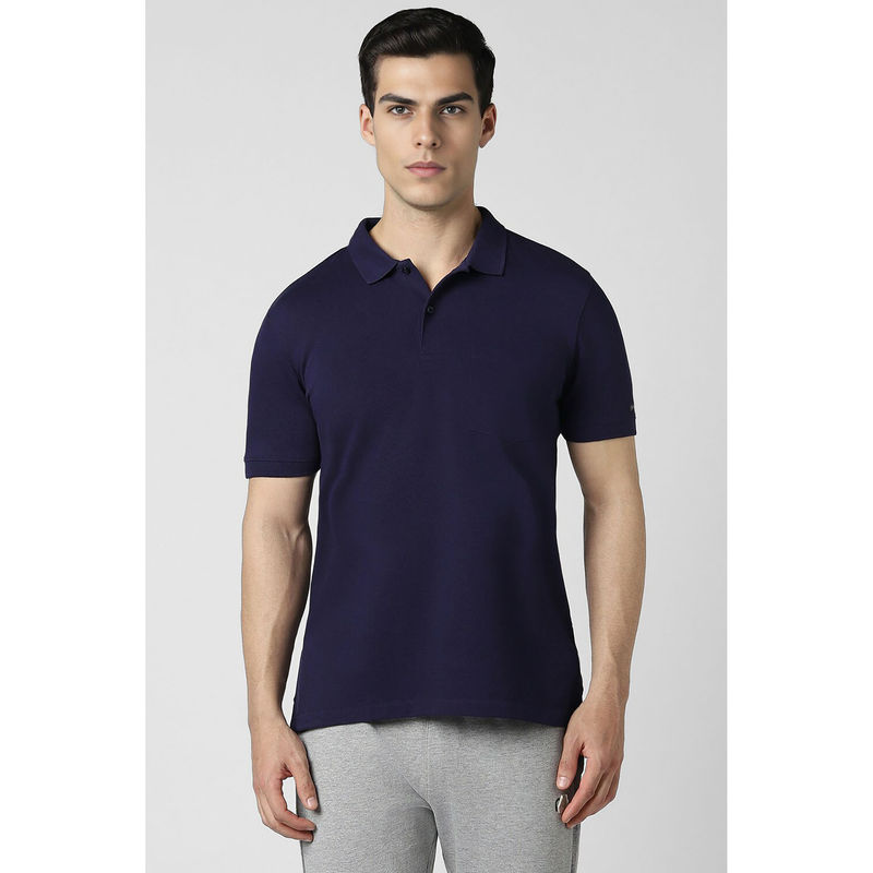 Van Heusen Men Navy Solid Polo Neck T-Shirt (S)