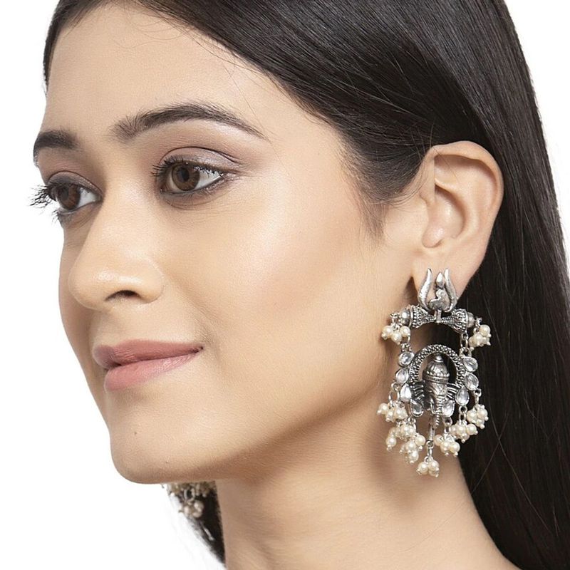 Fabula German Oxidised Silver Ganesh Ganpati Ethnic Drop Earrings