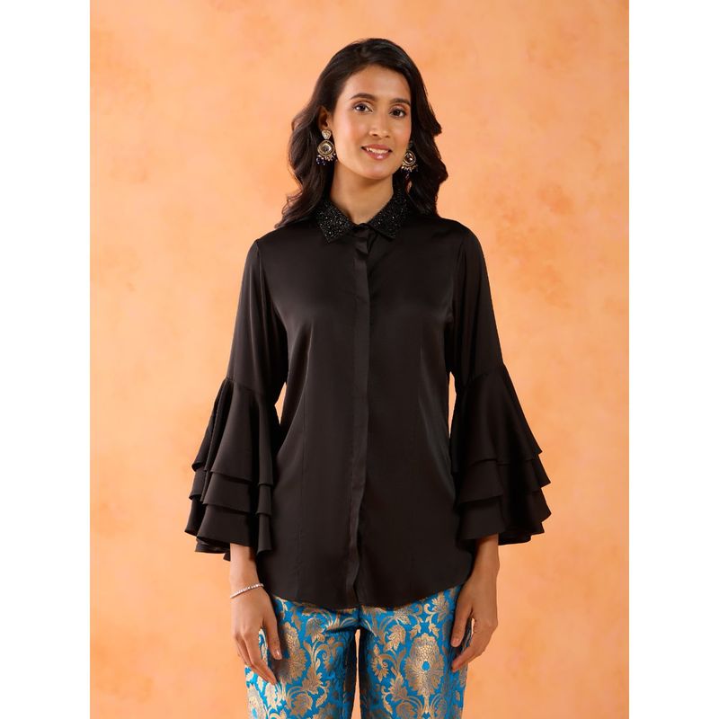 Gajra Gang Black Ruffle Sleeves Collar embellished Shirt GGTOPN01 (XS)
