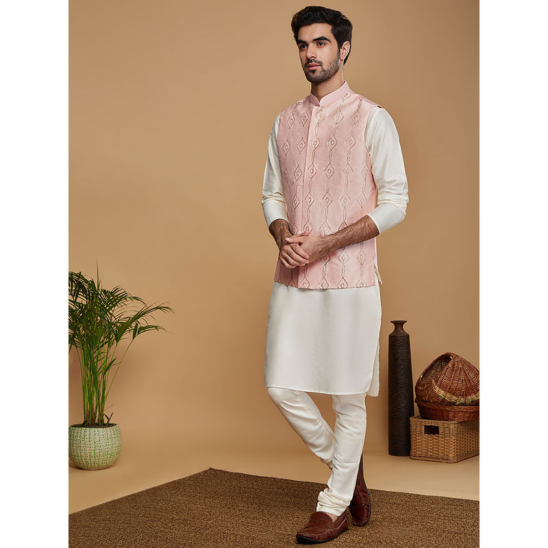 KISAH Men Pink Kurta and Nehru Jacket with Churidar (Set of 3) (40)