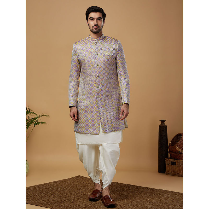 KISAH Men Mauve Kurta with Sherwani and Dhoti (Set of 3) (L)