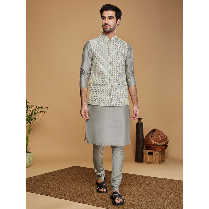 KISAH Men Grey Kurta and Nehru Jacket with Churidar (Set of 3) (38)