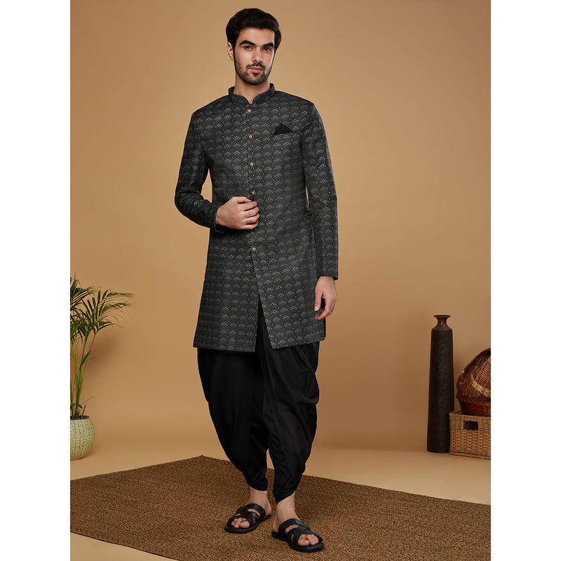 KISAH Men Black Sherwani with Dhoti (Set of 2) (S)