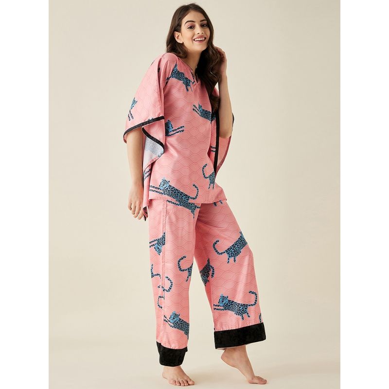 The Kaftan Company Peach Leopard Satin Kaftan Pyjama Set (S)