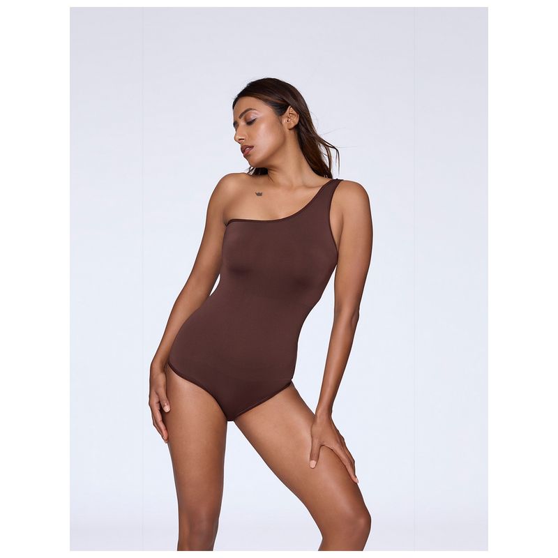 FEIER Women One-Shoulder Brown Bodysuit Top (M)
