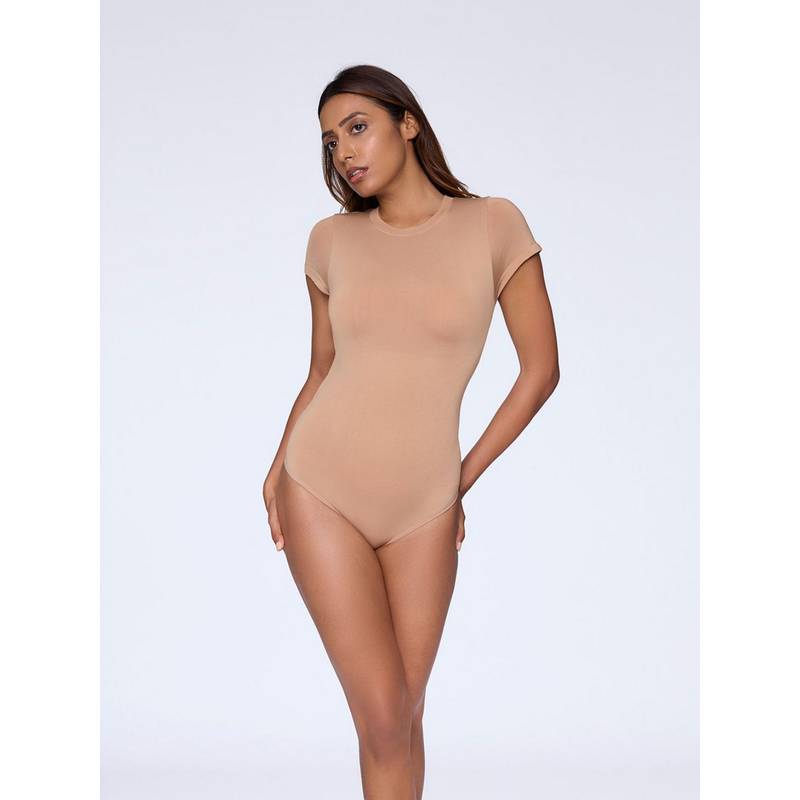 FEIER Women Crew Beige Bodysuit Top (S)