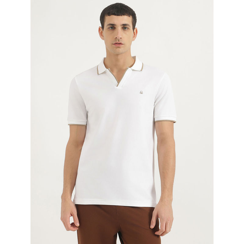 United Colors of Benetton White Cotton Blend Solid Polo T-Shirt (L)