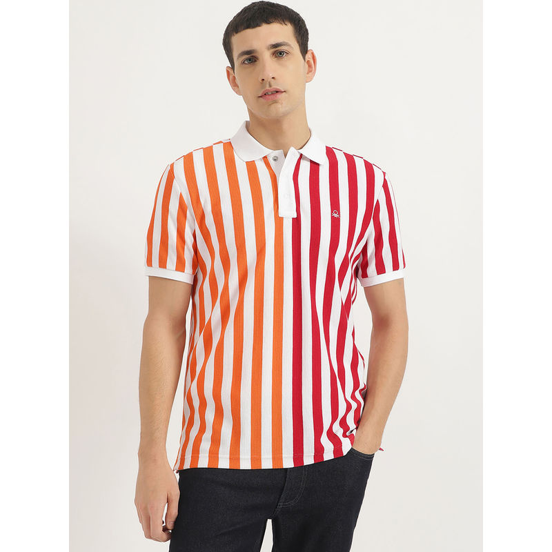 United Colors of Benetton Red Cotton Blend Stripes Polo T-Shirt (S)