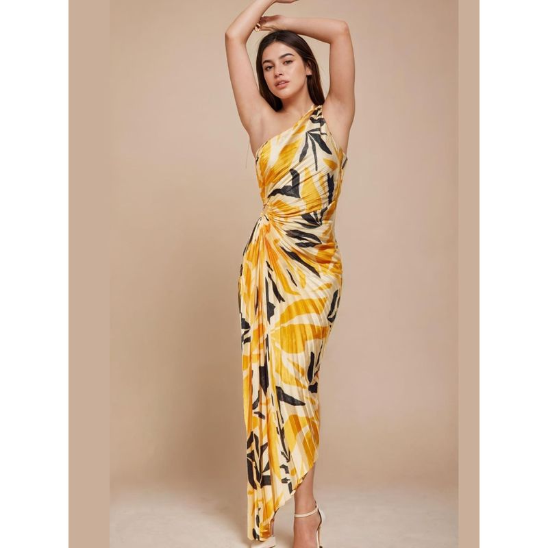 WomanLikeU Yellow and Black Leaf Printed Pleated A-Line Dress (M)