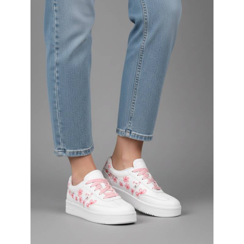 Shoetopia Womens Embroidered Graphic Sneakers With Platform Sole -White (EURO 41)