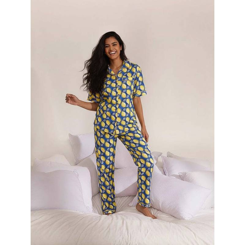 AOBA Women Blue & Yellow Printed Printed Pyjamas Set (S)
