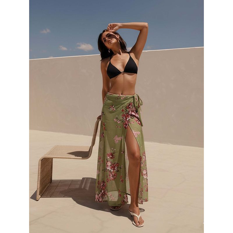 AOBA Women Green Floral Print Cover-Up Skirt (M)