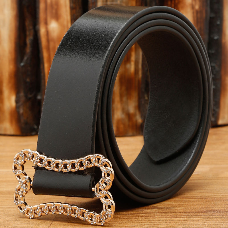 Teakwood Women Black & Gold Tone Solid Genuine Leather Belt (34)
