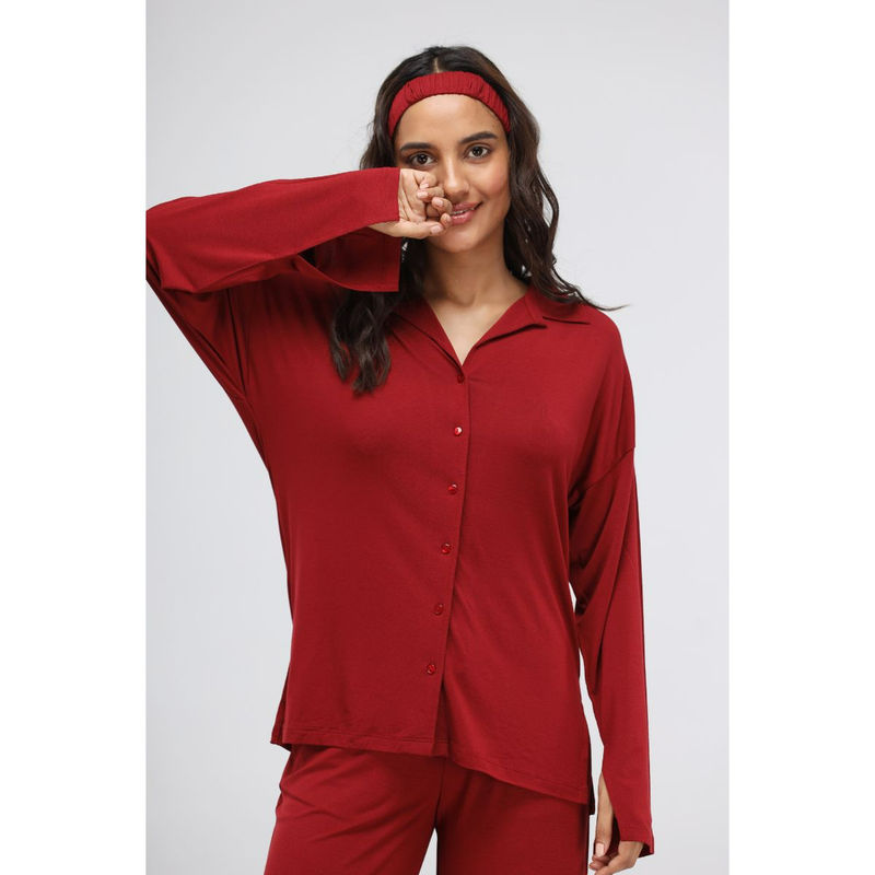 NeceSera Rhubarb Modal Long Button Down Slit Top - Red (L)