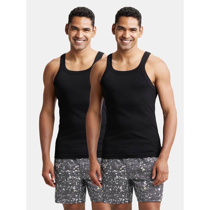 Jockey US26 Men Super Combed Cotton Rib Square Neck Gym Vest - Black (Pack of 2) (L)