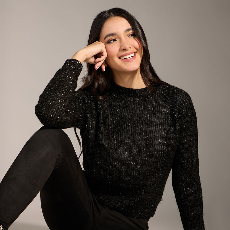 Twenty Dresses by Nykaa Fashion Black Solid High Neck Shimmer Full Sleeves Ribbed Sweater (XL)