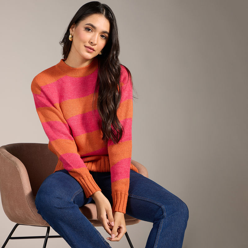 Twenty Dresses by Nykaa Fashion Orange and Pink Colorblock Full Sleeves Sweater (S)