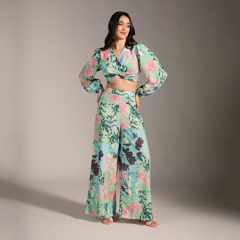 Twenty Dresses by Nykaa Fashion Green Floral Wrap Crop Top with Flared Pant (Set of 2) (XS)