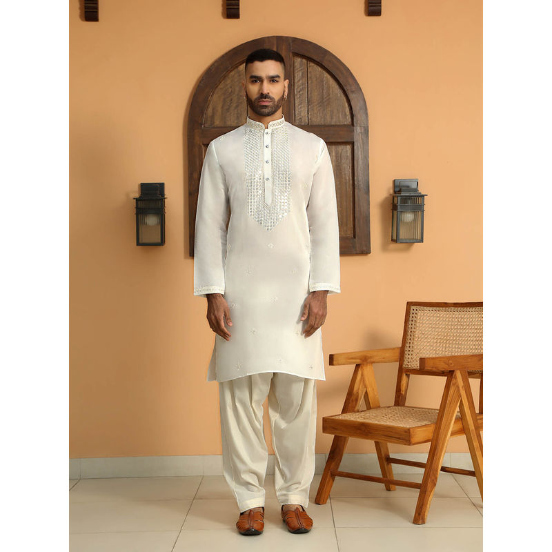 KRAFT INDIA LUXE Cotton Silk Sequined Embroidered Yoke Design Off White Kurta (40)