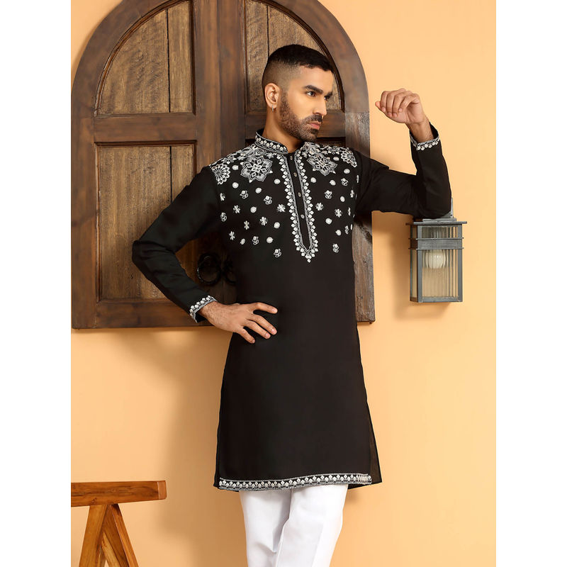 KRAFT INDIA LUXE Embroidered Cotton Silk Mandarin Collor Black Kurta (36)