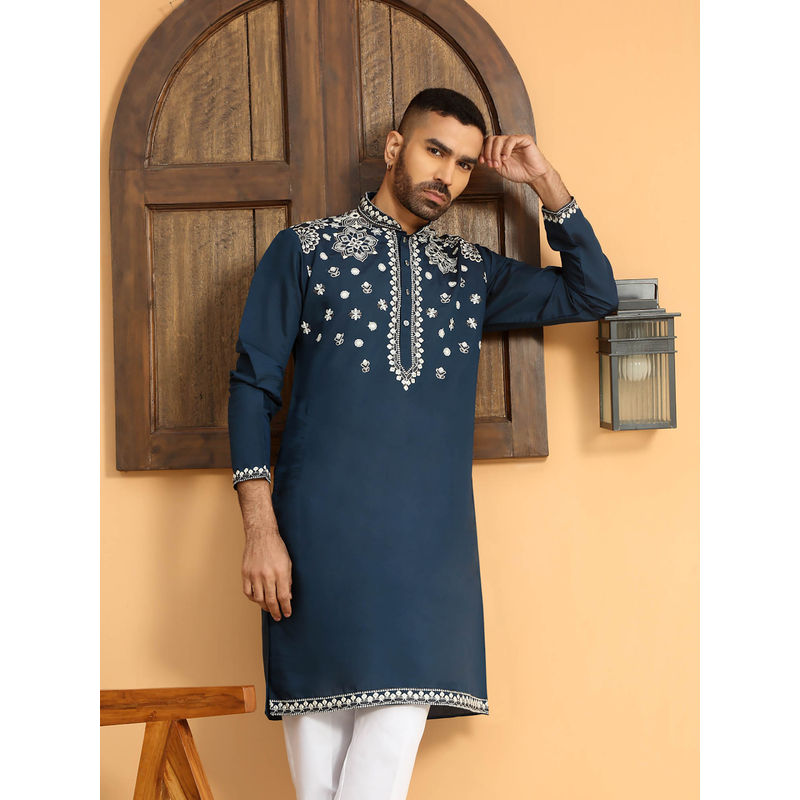 KRAFT INDIA LUXE Embroidered Cotton Silk Mandarin Collor Blue Kurta (38)