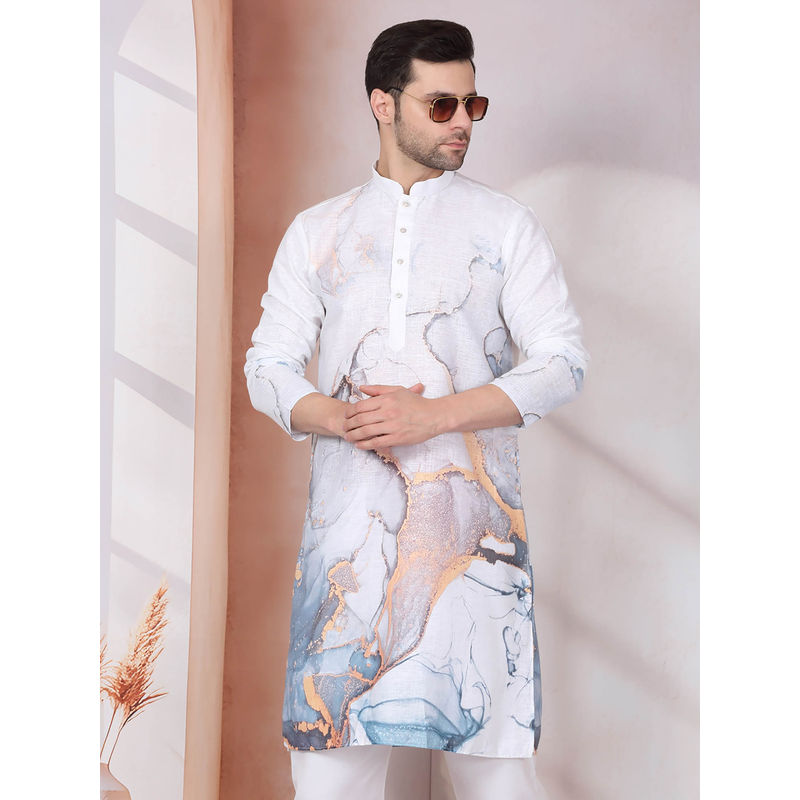 Kraft India Abstract Marble Printed White Mandarin Collor Cotton Kurta (42)