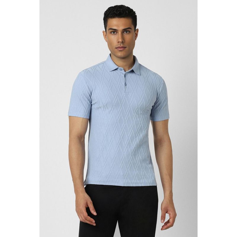 Van Heusen Men Blue Textured Collar Neck Polo T-Shirt (M)
