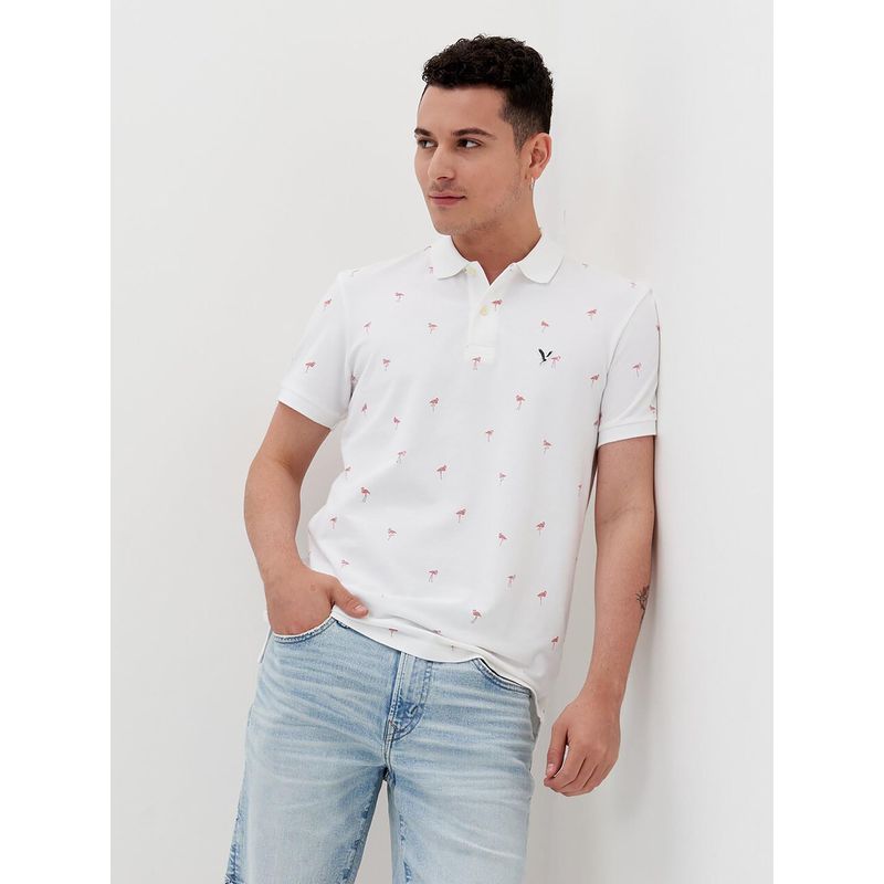 American Eagle Men White Printed Flex Pique Polo T-Shirt (L)