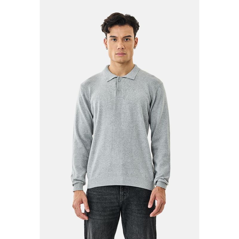 Snitch Grey Solid Full Sleeves Regular Casual Polo T-Shirt (M)