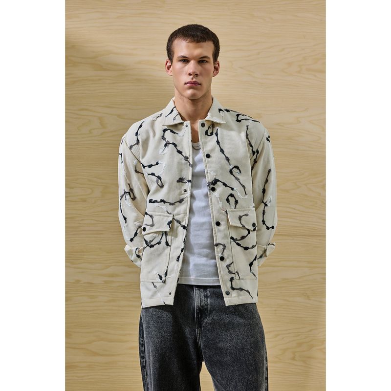 Snitch Beige Abstract Full Sleeves Relaxed Casual Jacket for Men (L)