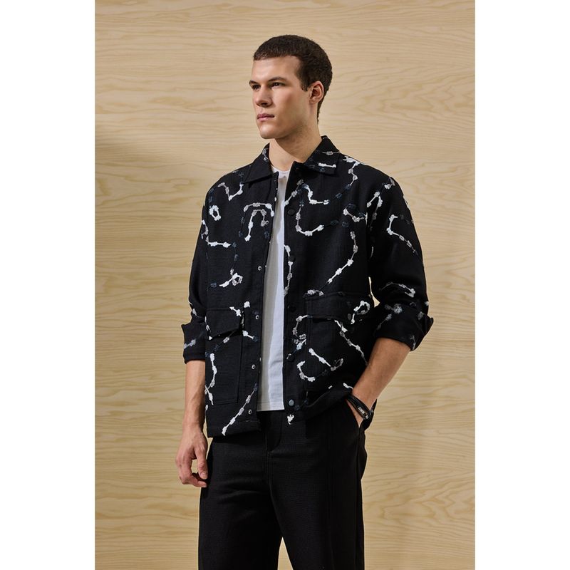 Snitch Black Abstract Full Sleeves Relaxed Casual Jacket for Men (M)