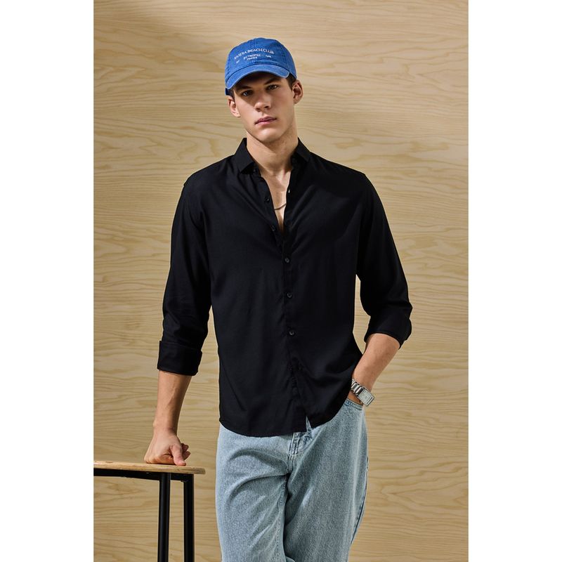 Snitch Slim Fit Viscose Black Shirt (XL)