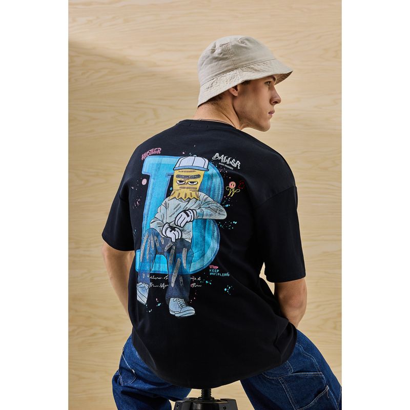 Snitch Oversized Fit Cotton Hustler Black T-Shirt (M)