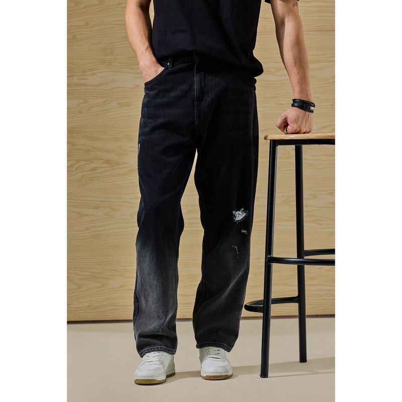 Snitch Baggy Fit Mid Rise Black Distressed Jeans (34)