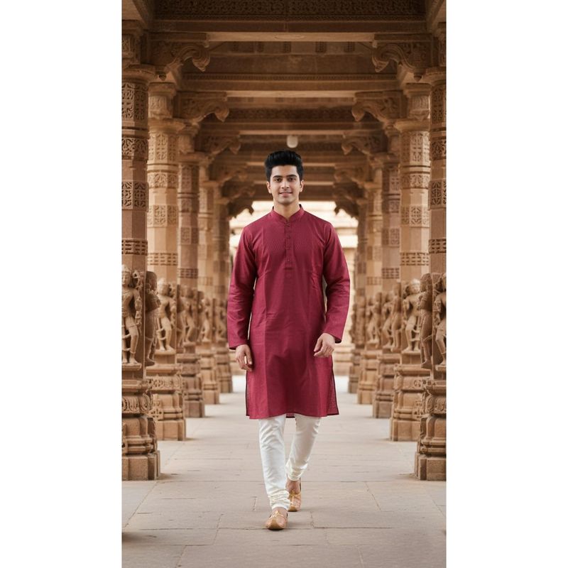 Sanwara Maroon Textured Mandarin Neck Full Sleeves Kurta With Pyjama (L)