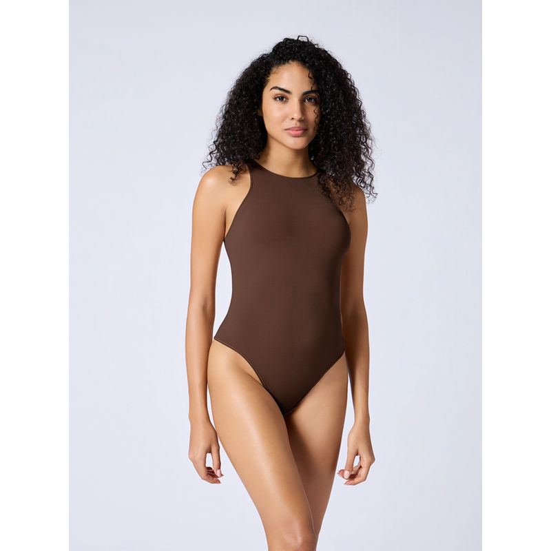 FEIER Brown Round Neck Cutaway Bodysuit (M)