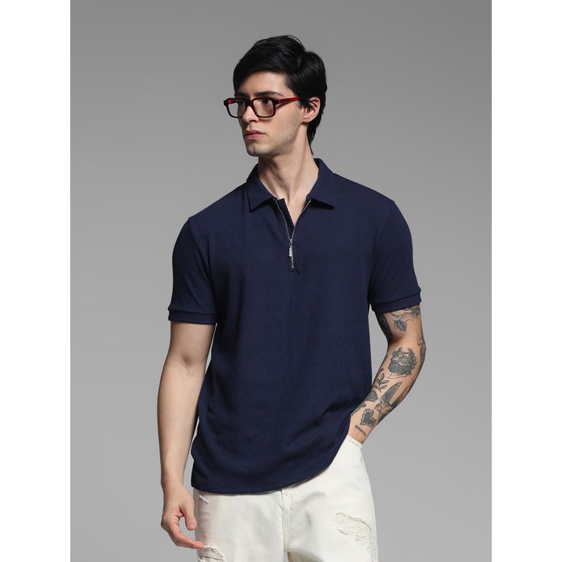 Buy Jack & Jones Navy Blue Regular Fit Textured Polo T-Shirt Online