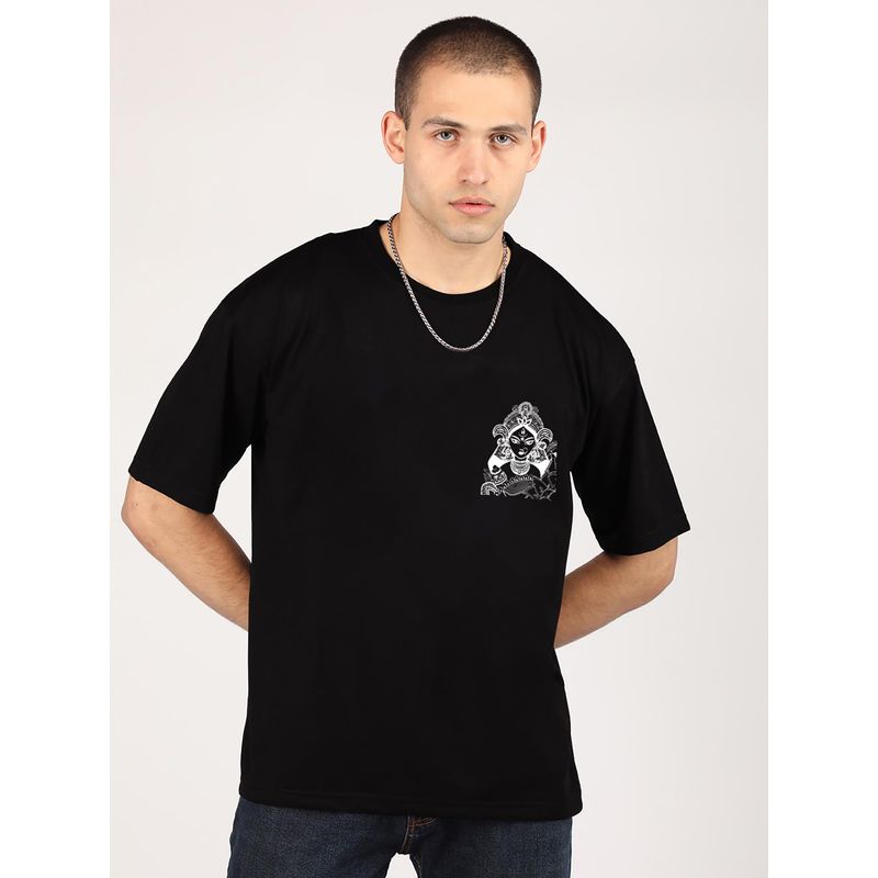 CHKOKKO Black Oversized Cotton Printed Hindu Durga Maa T-Shirt (S)