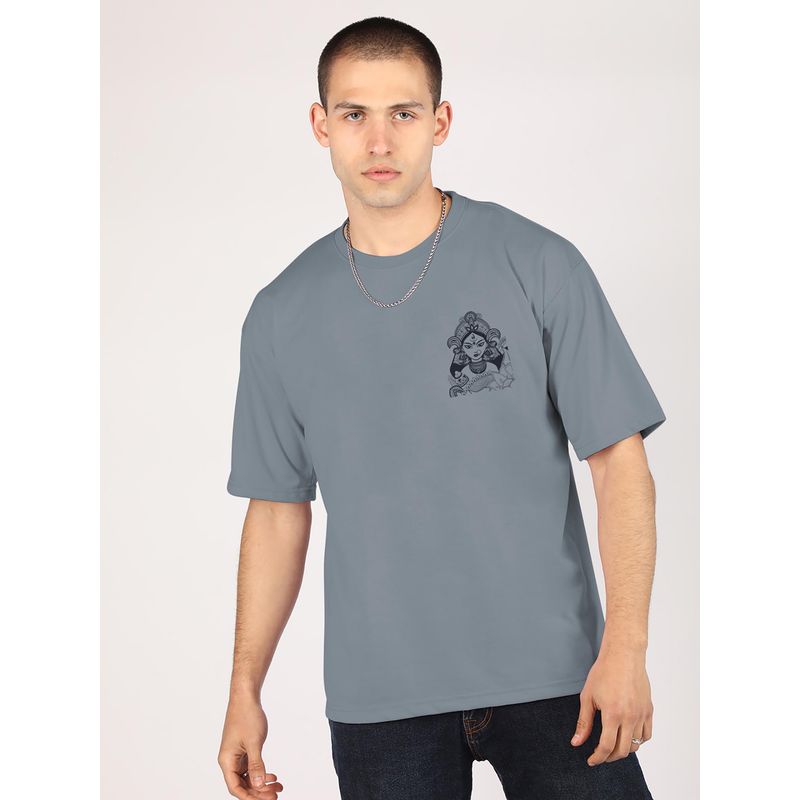 CHKOKKO Grey Oversized Cotton Printed Hindu Durga Maa T-Shirt (S)