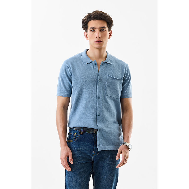 Snitch Sky Blue Solid Half Sleeves Slim Fit Casual Shirt (XS)