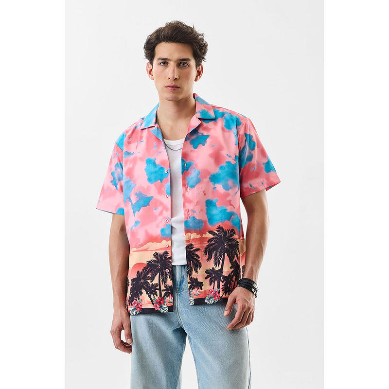 Snitch Pink Abstract Half Sleeves Boxy Fit Casual Shirt (L)