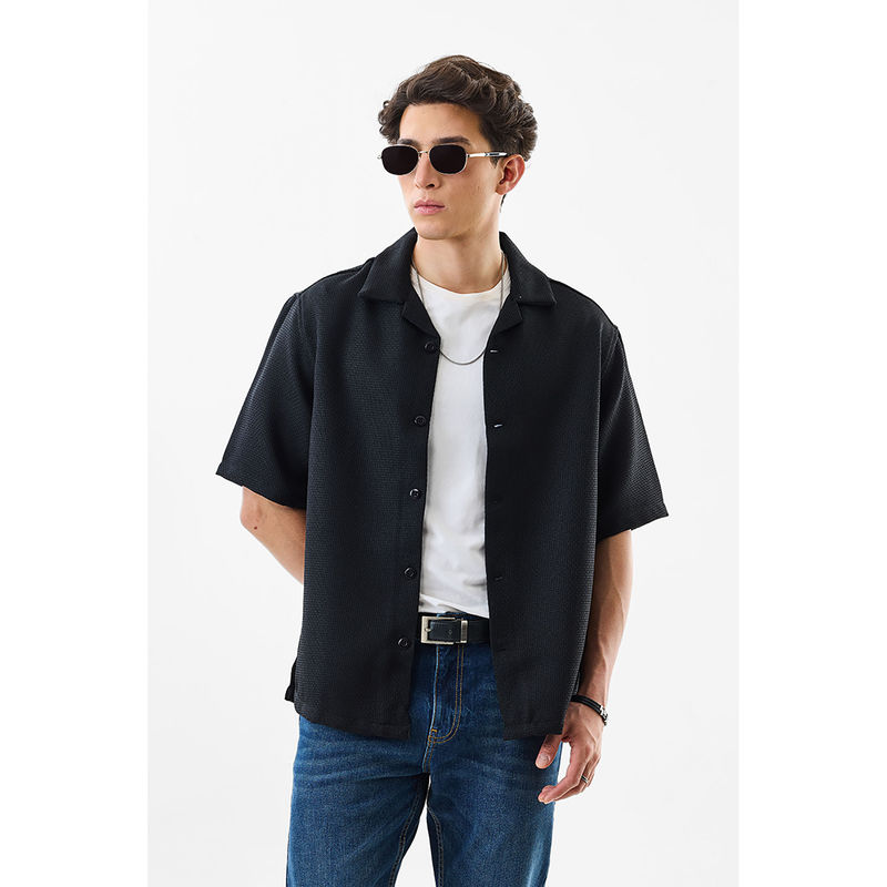 Snitch Black Textured Half Sleeves Oversized Fit Casual Shirt (XS)